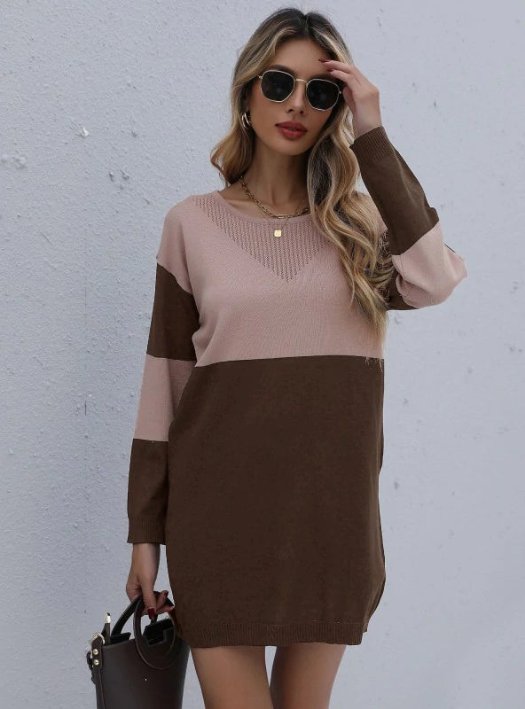 Turtleneck Loose Knit Stitching Sweater Dress