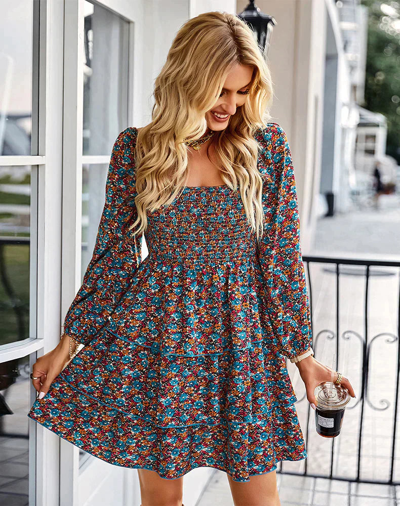 Square Neck Long Sleeve Printed Dress