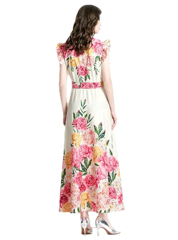 Retro Palace Long Printed Dress with Flying Sleeves