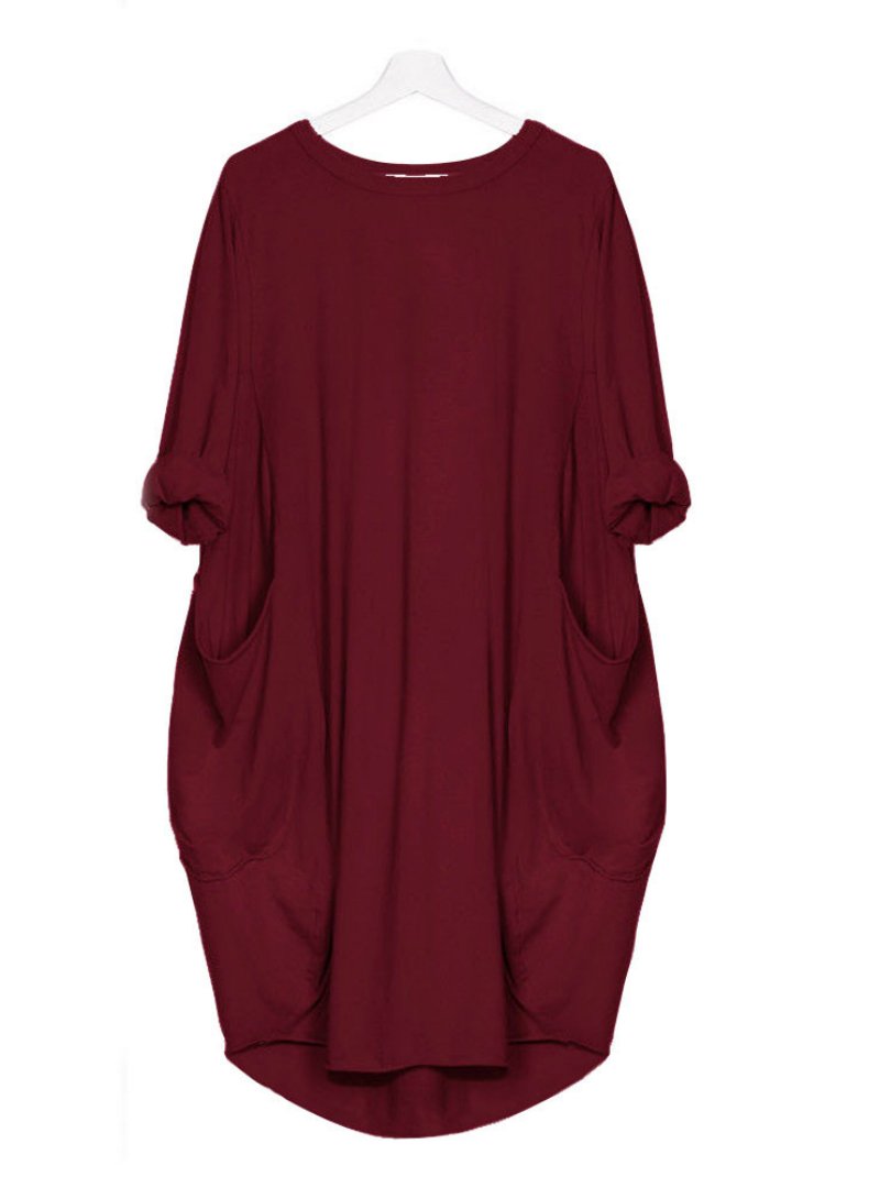 Womens Pocket Loose Dress Crew Neck