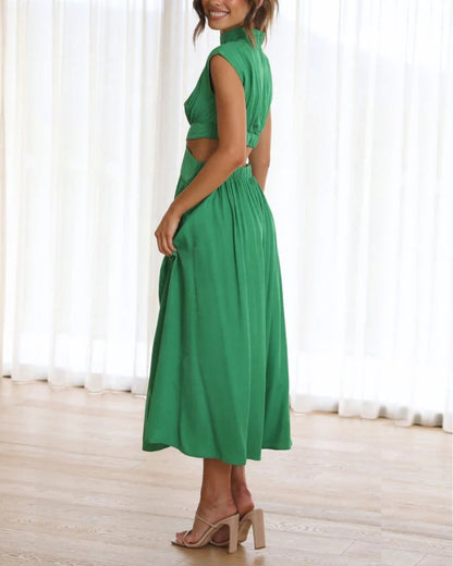 Solid color long dress with stand collar and waist tie