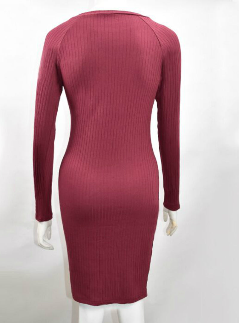 Red Knitted Casual Cotton Long Sleeve Midi Dress