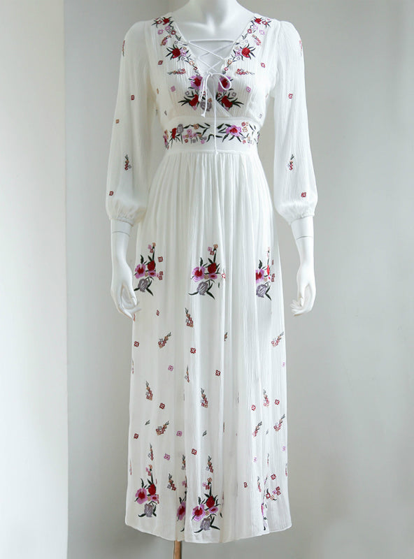 Tassel Embroidery Full-Length Flowered Dress