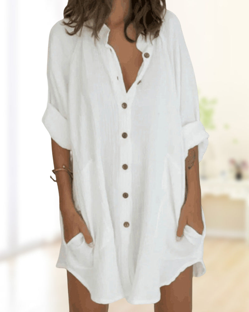 Solid Shirt Dress with Button Pocket