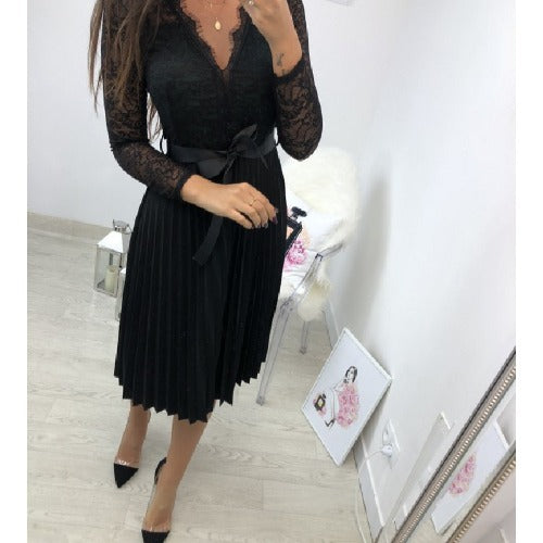 Women's Long Sleeve Casual Lace Pleated Black Ribbon Hollow Chiffon Midi Dress