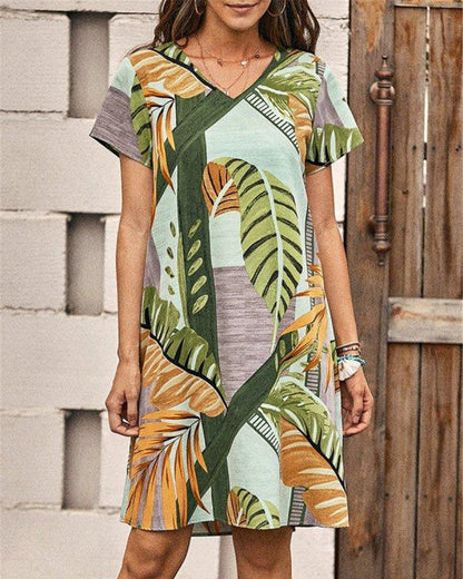 Short Sleeve Dress with Leaves Print