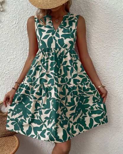 Sleeveless Dress with Leaves Print