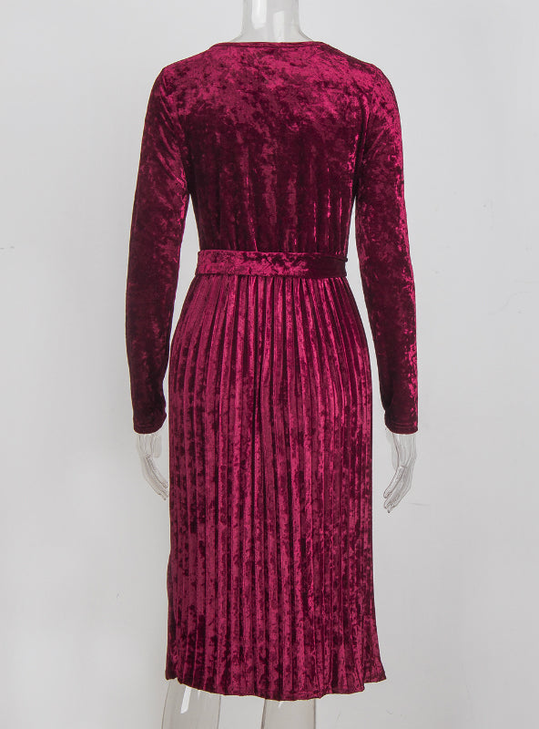 Velvet Dress with Long Sleeves and O-Neck for Women