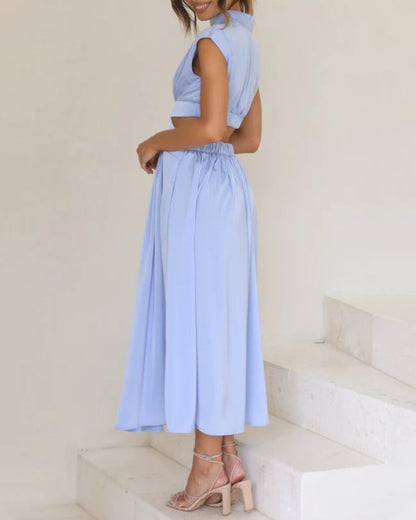 Solid color long dress with stand collar and waist tie