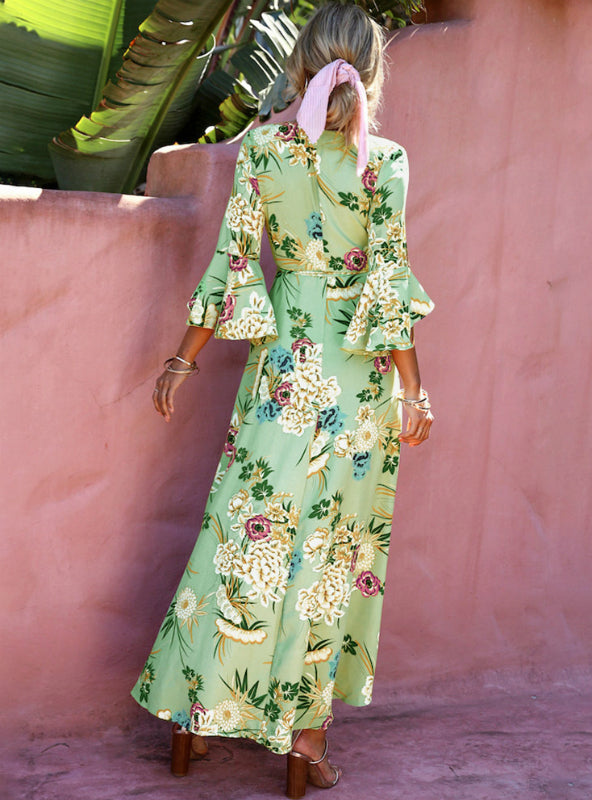 Vintage V Neck Floral Print Summer Maxi Dress for Women