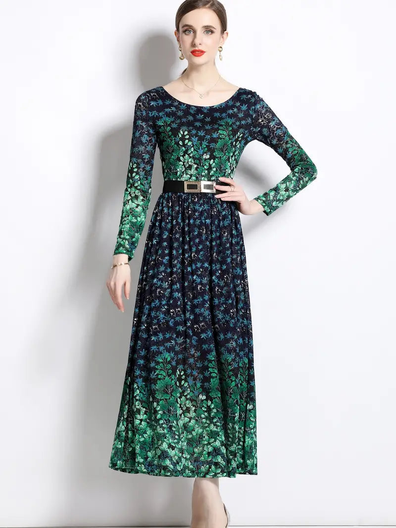 Star Print Midi Winter Dress With Belt