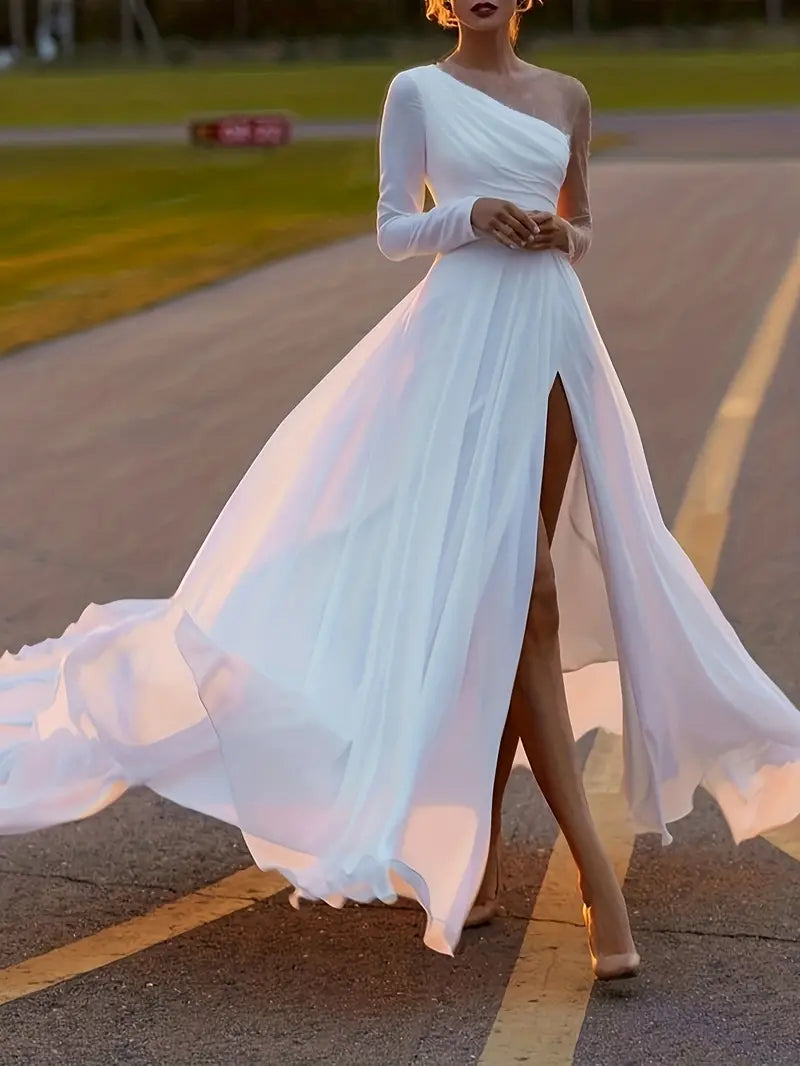 White One Shoulder Chiffon Maxi Dress with Long Sleeve and Slit