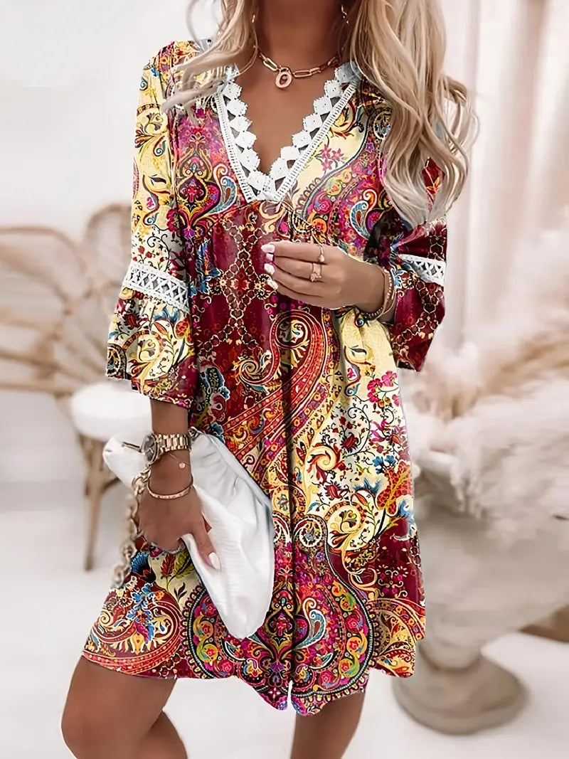 Boho Floral Print Dress with Lace Stitching and V Neck