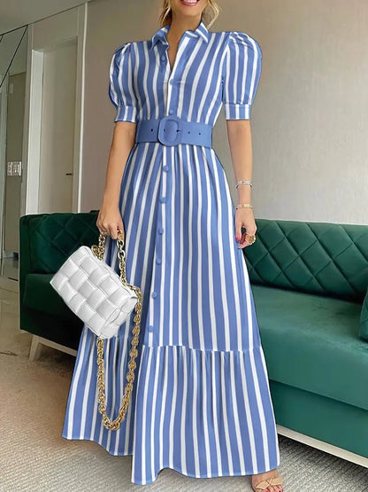 V-neck Striped Lace Up Long Dress