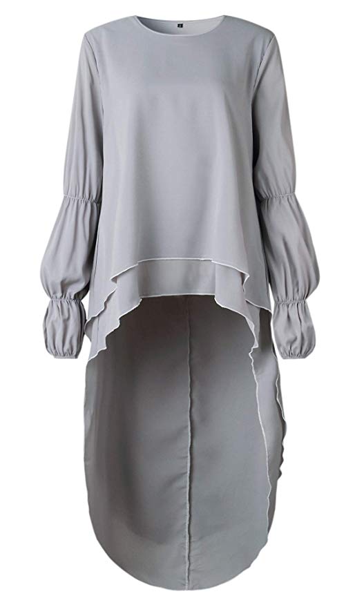 Women's Lantern Sleeve Round Neck High Low Asymmetrical Hem Casual Blouse Dress