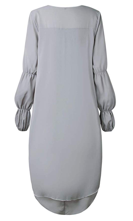 Women's Lantern Sleeve Round Neck High Low Asymmetrical Hem Casual Blouse Dress