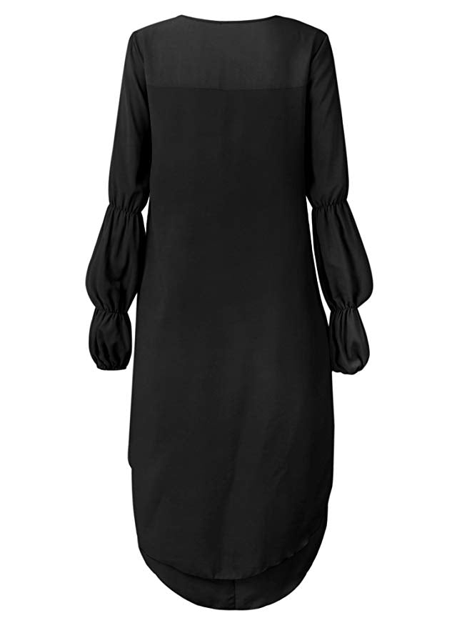 Women's Lantern Sleeve Round Neck High Low Asymmetrical Hem Casual Blouse Dress