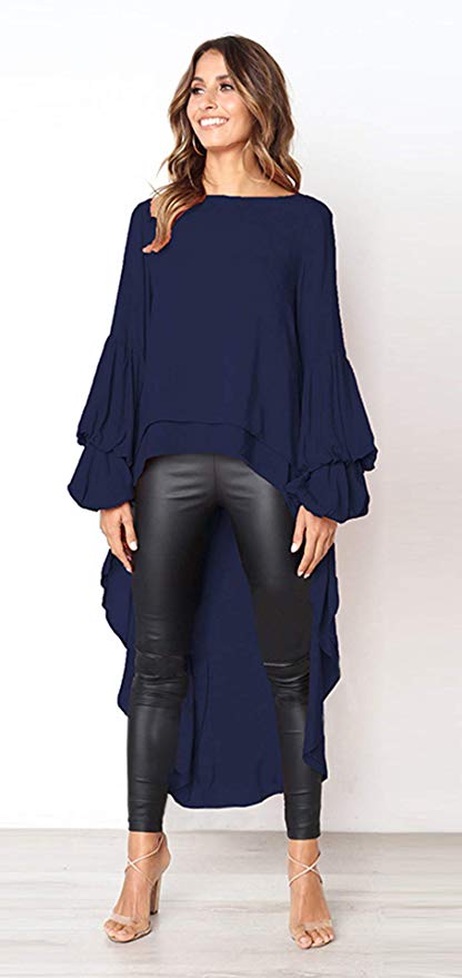 Women's Lantern Sleeve Round Neck High Low Asymmetrical Hem Casual Blouse Dress