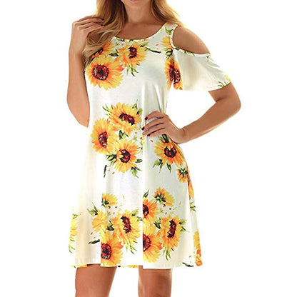 Sunflower Print Mini Dress for Women - Summer Casual Style