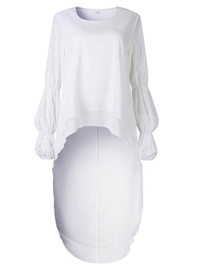 Women's Lantern Sleeve Round Neck High Low Asymmetrical Hem Casual Blouse Dress