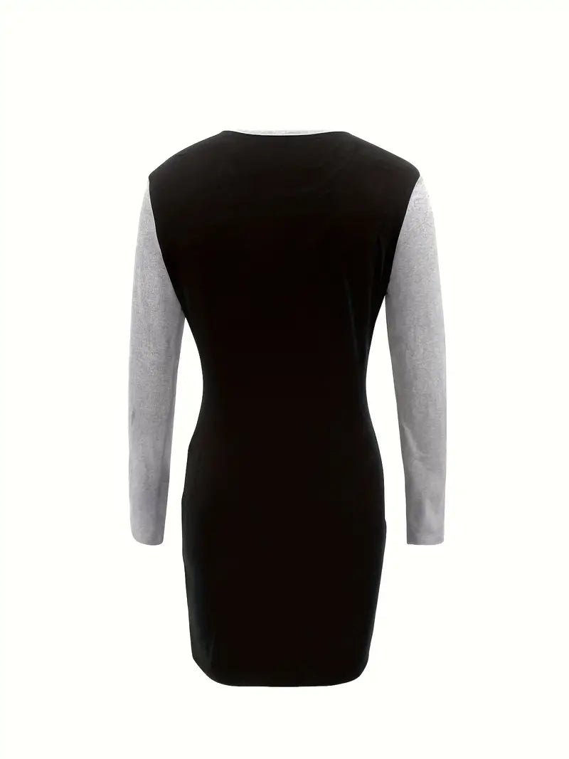 Simple Crew Neck Long Sleeve Dress with Color Block Design