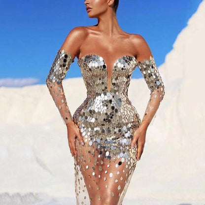 Sequin Mesh Off Shoulder Bodycon Maxi Party Dress