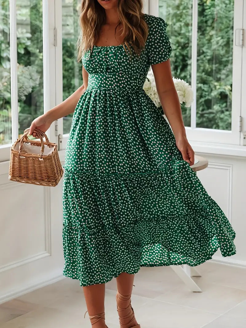 Square Neck Polka Dot Puff Sleeve Dress for Summer