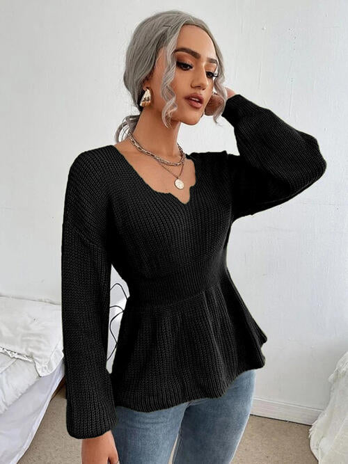 Shoulder Arm Knit Notched Dropped Top with Long Detail