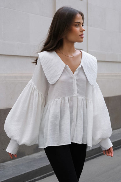 Vintage Baby Collar Pleated Puff Sleeve Blouse