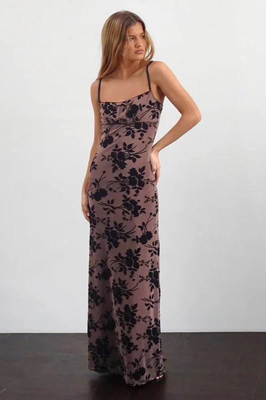 Velvet Flocked Slim Fit Strappy Long Party Dress
