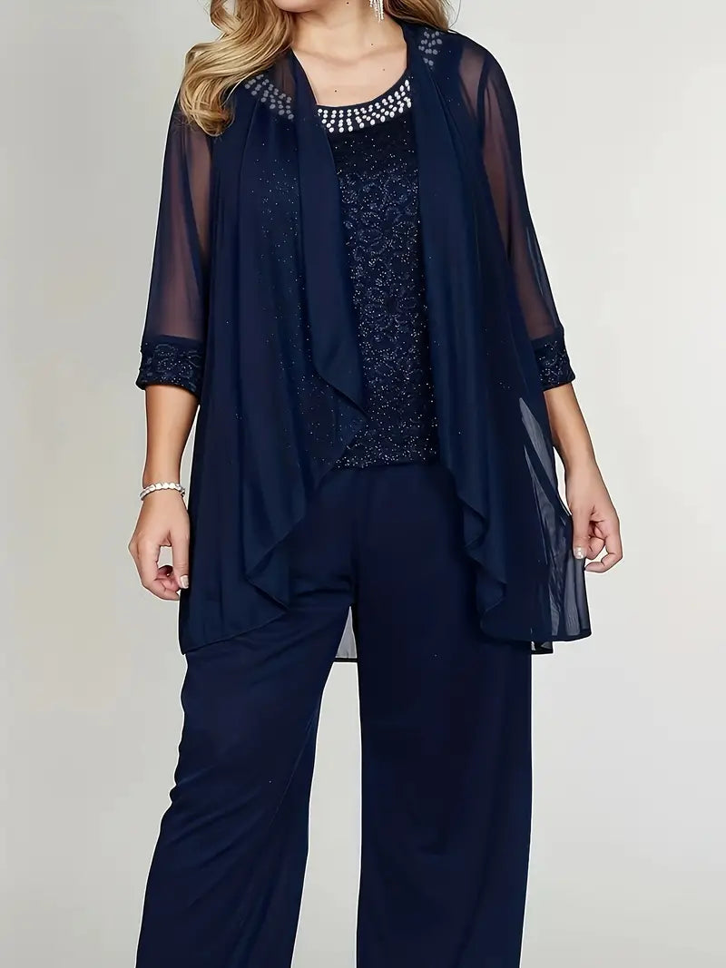 Blue Sequins Cardigan & Pants Set