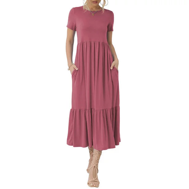 Tiered Maxi Beach Dress with Pockets - Short Sleeve