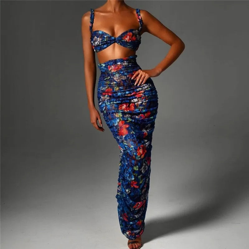 Alyssa Strapless Ruched Print Sexy Top And Skirt Set