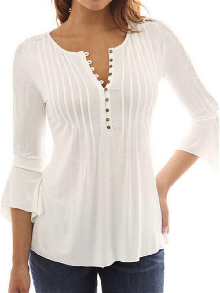 V-neck Flared Plain Folded in Blouse Arm Women's Color