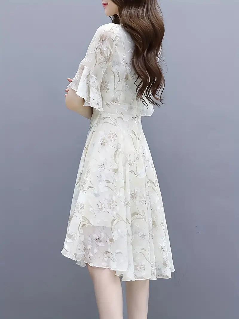 Airy Floral Print Chiffon Dress with Ruffle Trim Sleeves