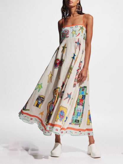 Unique Graffiti Print Suspenders Graceful Long Swing Midi Dress