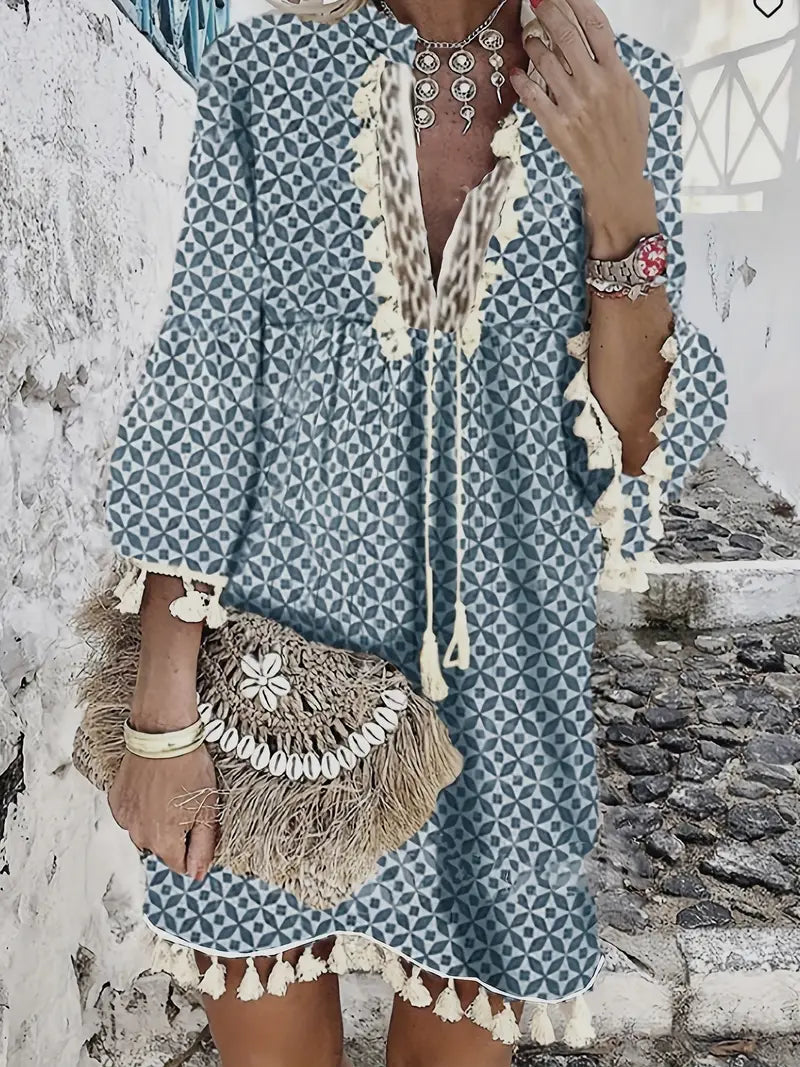 Boho Green V Neck Tassels Casual Dress with Retro Print