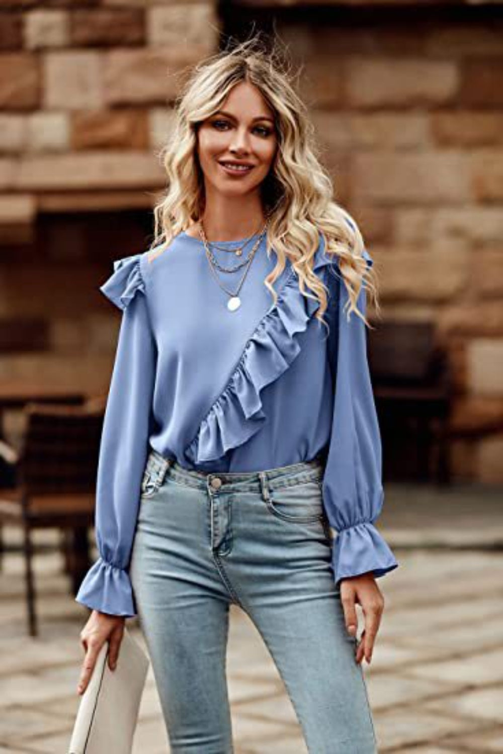 with Ruffled Long Top Arm Round Neck