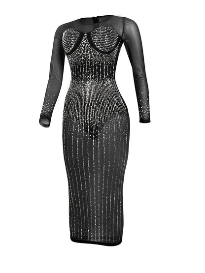 Rhinestone Mesh Long Sleeve Bodycon Dress for Parties