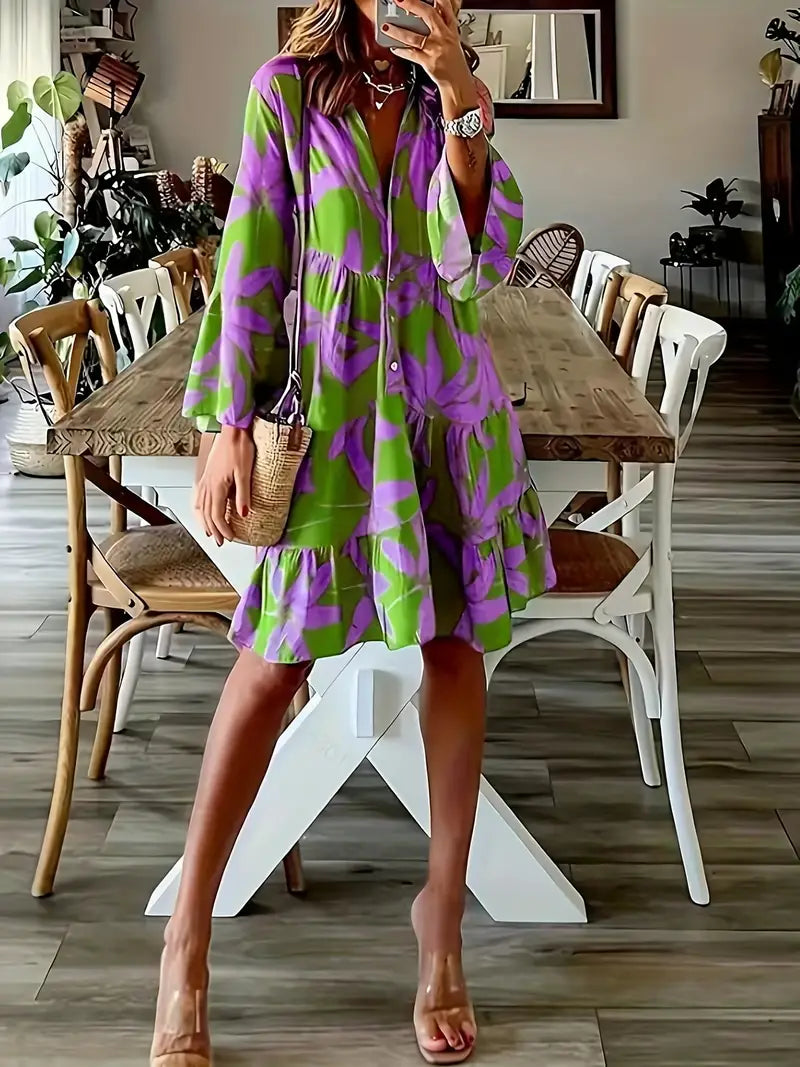 Tiered Long Sleeve Maxi Dress with Leaves Print