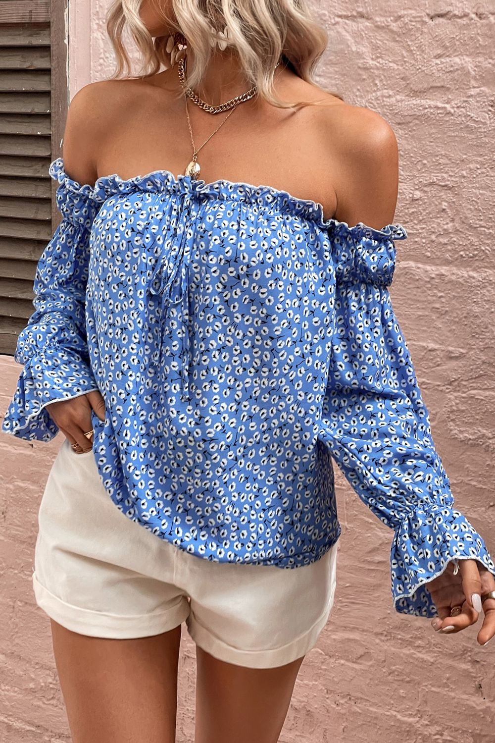 Shoulder Patterned with Off Blouse Frill Trim