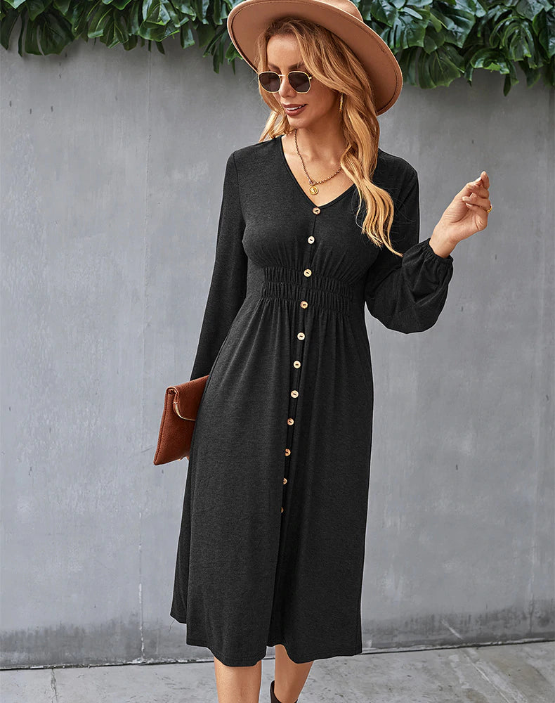 V-NECK LONG SLEEVE A-LINE DRESS