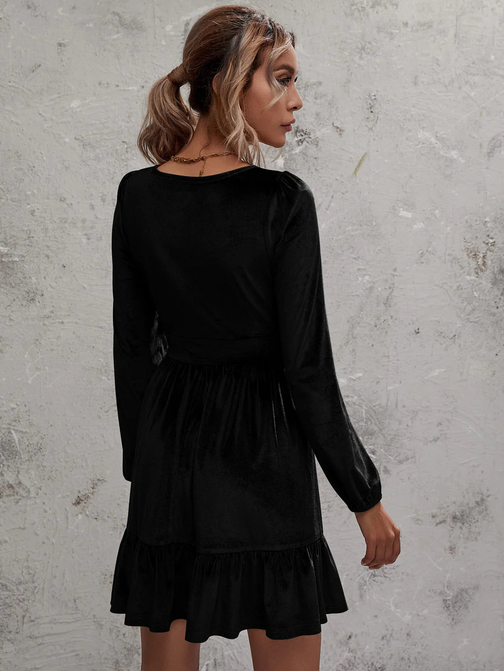 Velvet Ruffled Dress with Deep V-Neck and Puff Sleeves