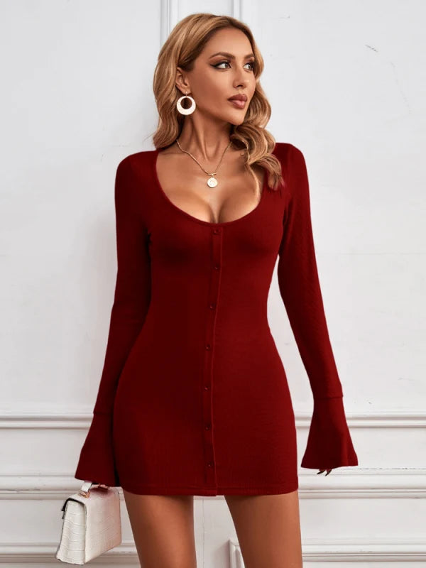 Single-Breasted Knitted Long-Sleeved Dress