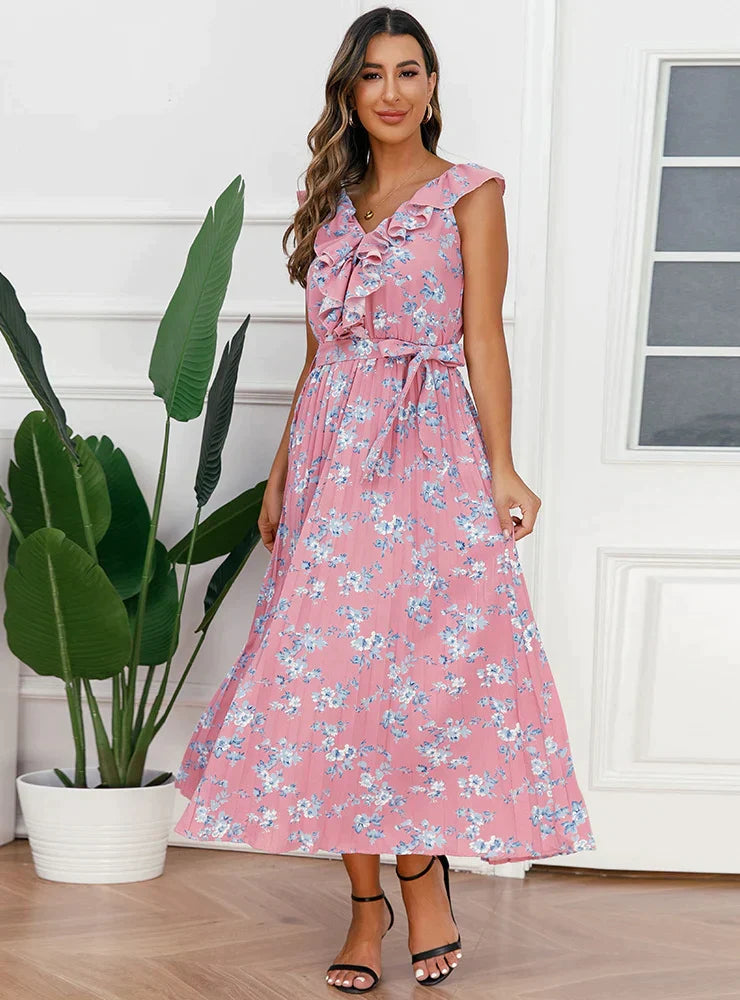 V-Neck Floral Pleated Dress