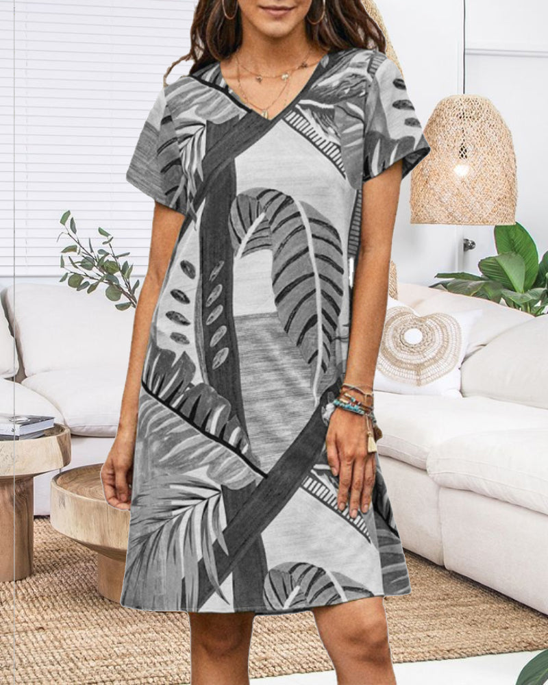 Short Sleeve Dress with Leaves Print