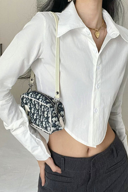 Long Button-Up Cropped Blouse Arm with White Lapel