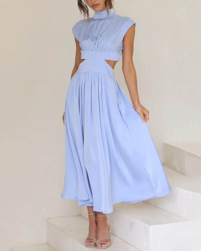 Solid color long dress with stand collar and waist tie