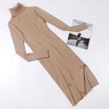 Ribbed Turtleneck Long Sleeve Knit Sweater Dress