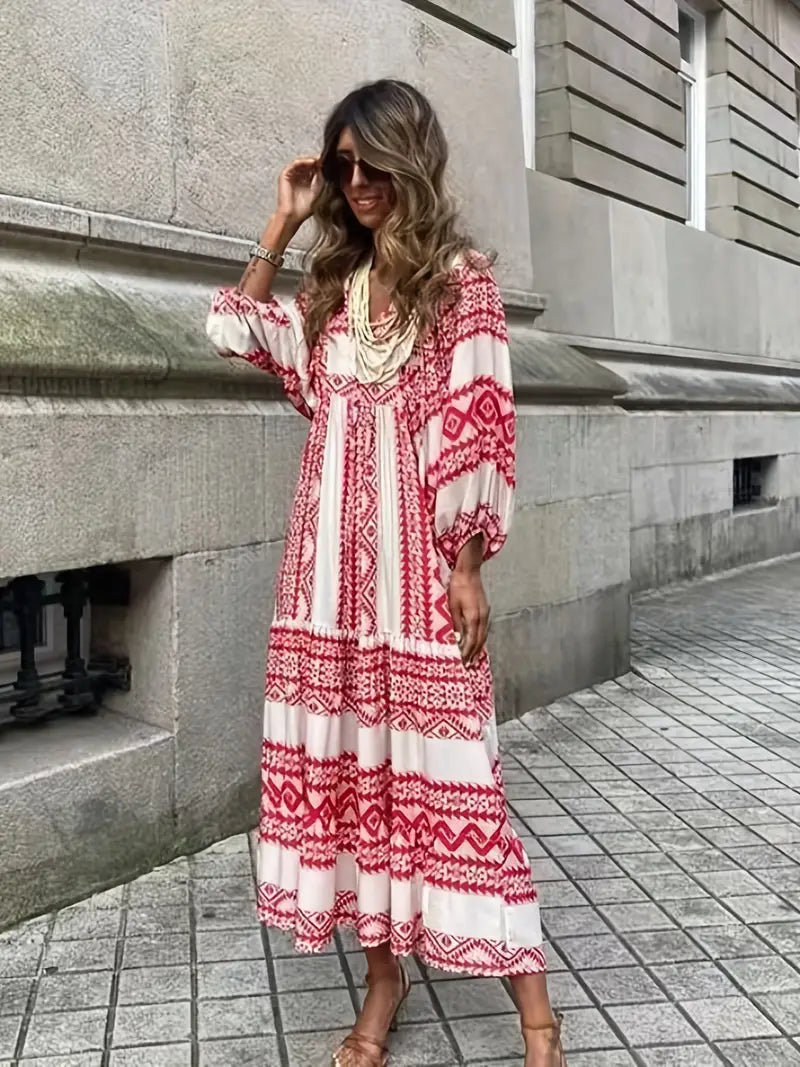 Boho Puff Sleeve Maxi Loose Dress in Red Print